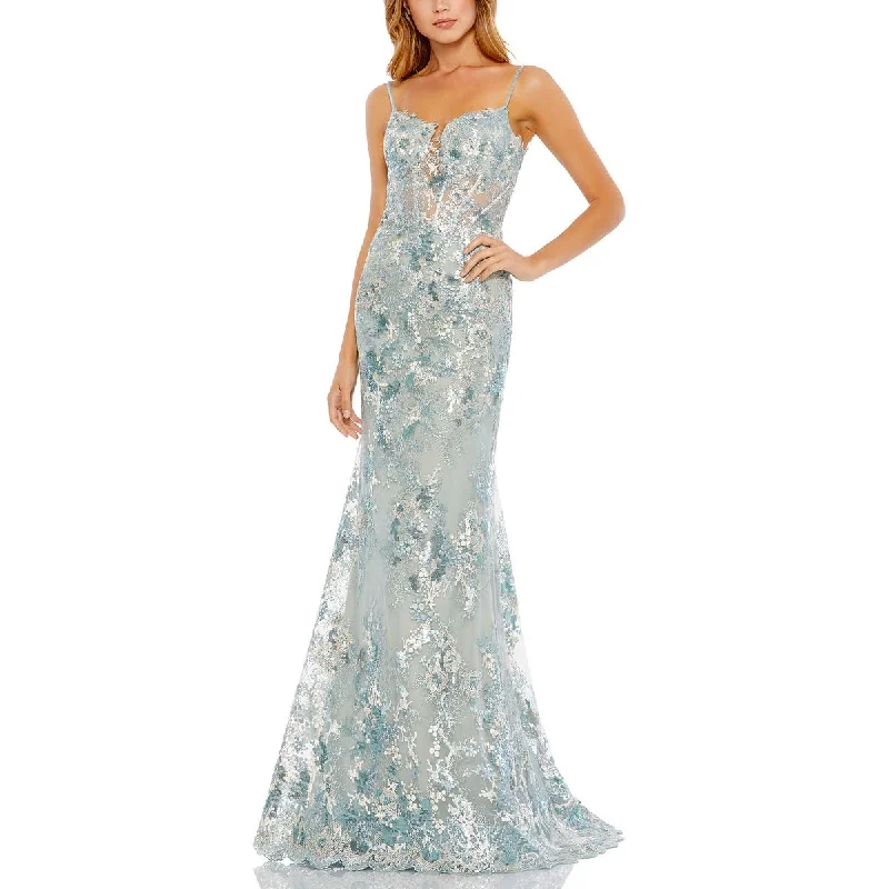 Womens Lace Embellished Evening Dress Boat Neckline Classic