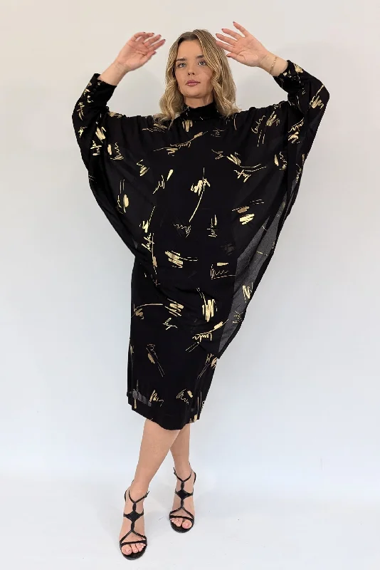 Vintage Gold & Black Flared Sleeve Evening Dress Tunics Travel practical