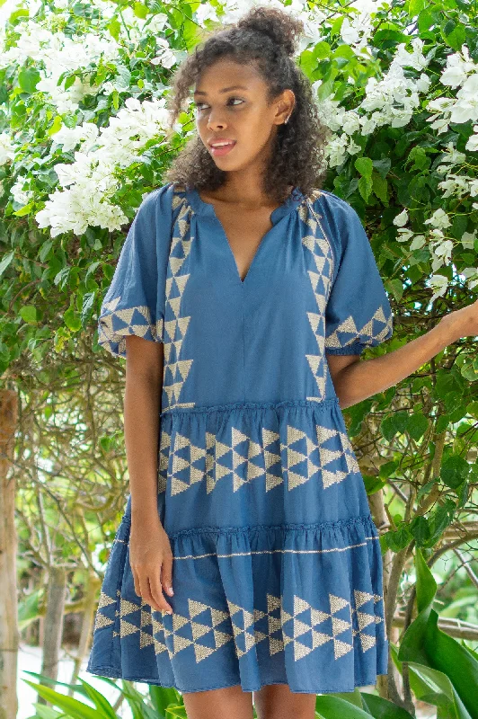 Lyra Embroidered Puff Sleeve Dress | Indigo/Gold empire Waist empire