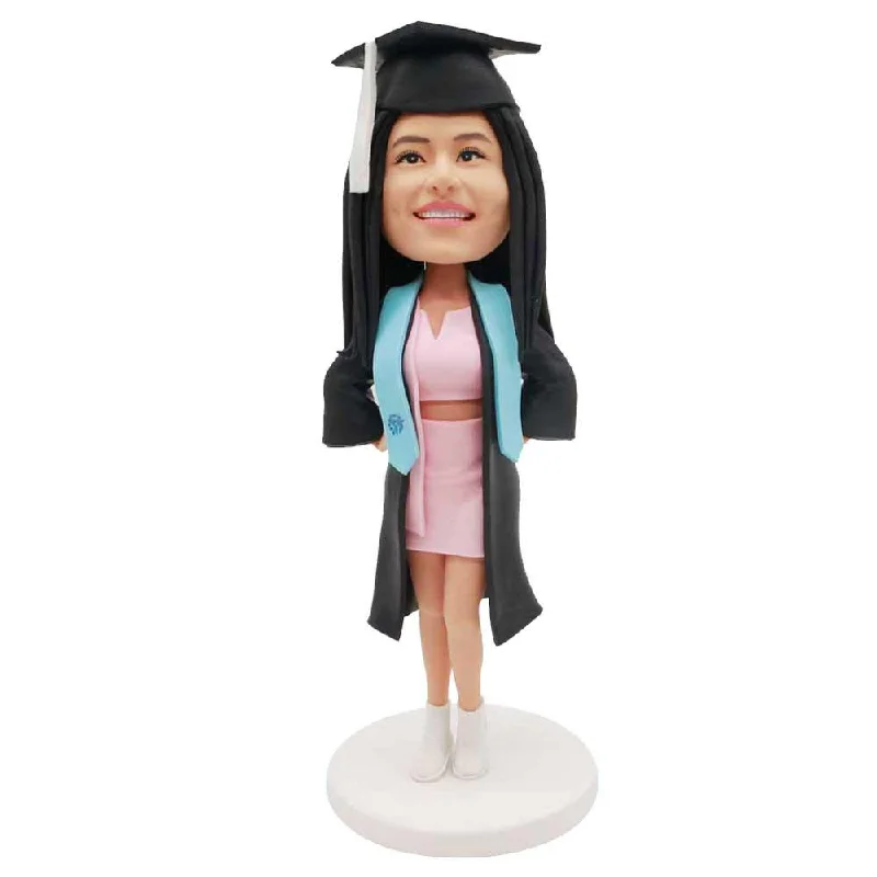 Custom Happy Female Graduation Bobbleheads In Black Gown And Pink Skirt leather skirt modern