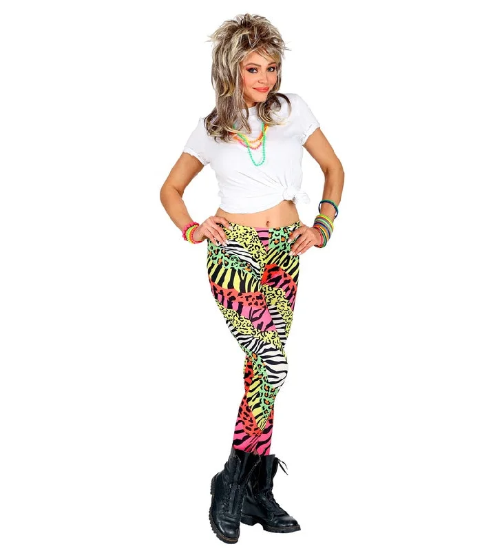 80s Neon Multicoloured Leopard Print Leggings Trendy Adjustable Waist Leggings
