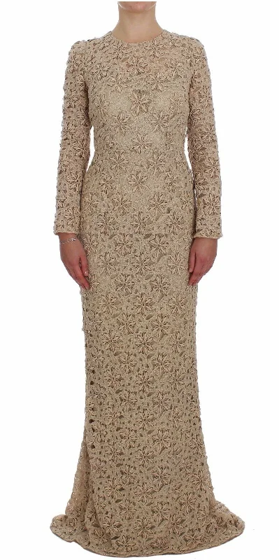 Dolce & Gabbana Beige Floral Lace Long Sleeve Maxi Women's Dress Tunics Evening elegant