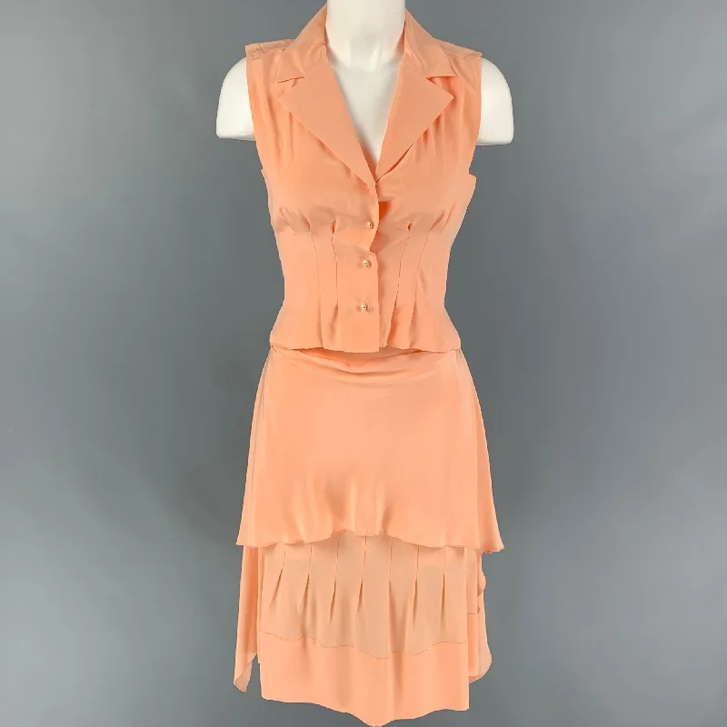 CHANEL AJ508 03P Size 4 Salmon Silk Notch Lapel Skirt Set zip skirt side