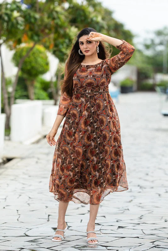 Malishka Womens Printed Brown Georgette Ethnic Dress Maxi Flowy Bohemian