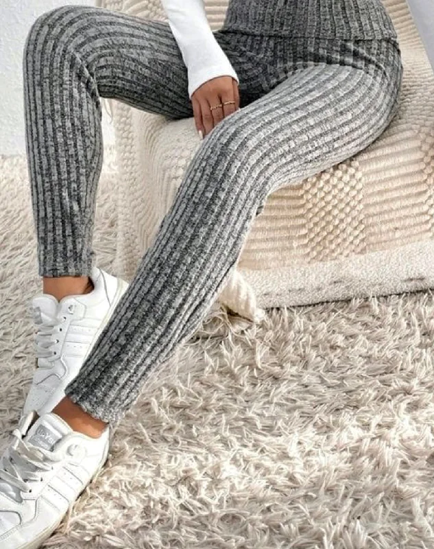 Grey Ribbed Leggings Trendy Spandex Leggings