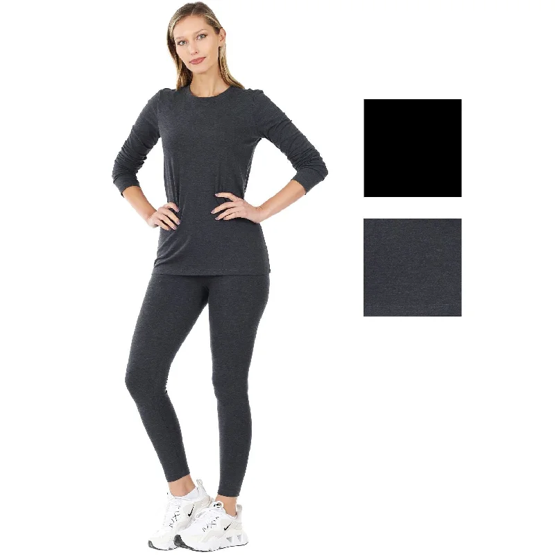 Zenana Womens Cotton Round Neck Top and Leggings Set Comfortable Running Leggings