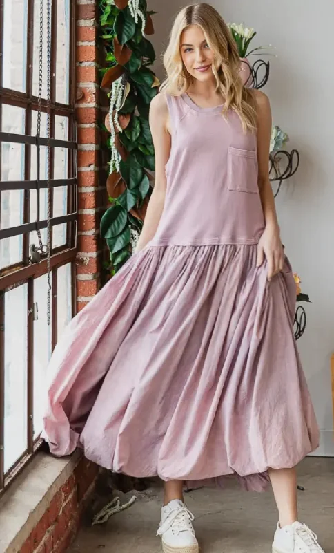 Washed Sleeveless Balloon Skirt Dress Turtleneck Neckline Stylish