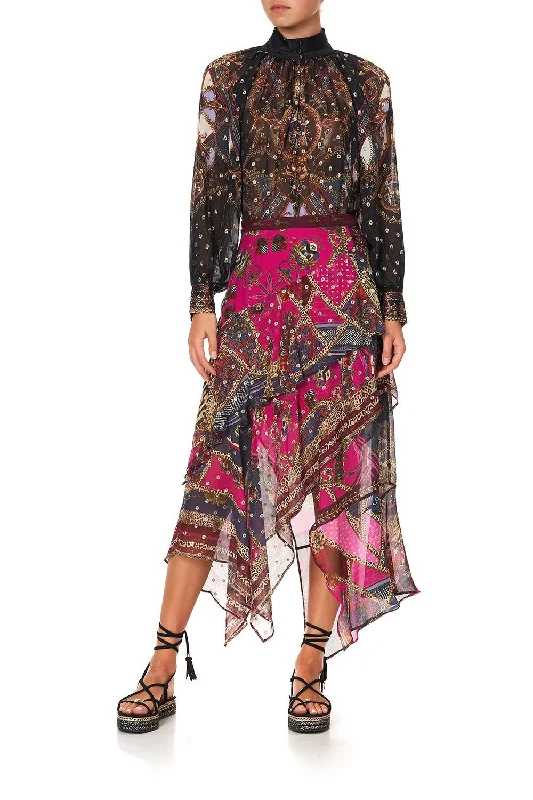 ASYMMETRICAL RUFFLE SKIRT DINING HALL DARLING elastic waist skirt