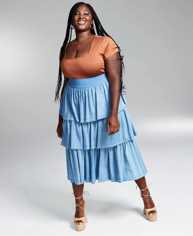GooGoo Atkins Trendy Plus Size Tiered Chambray Ruffle Maxi Skirt spandex blend skirt