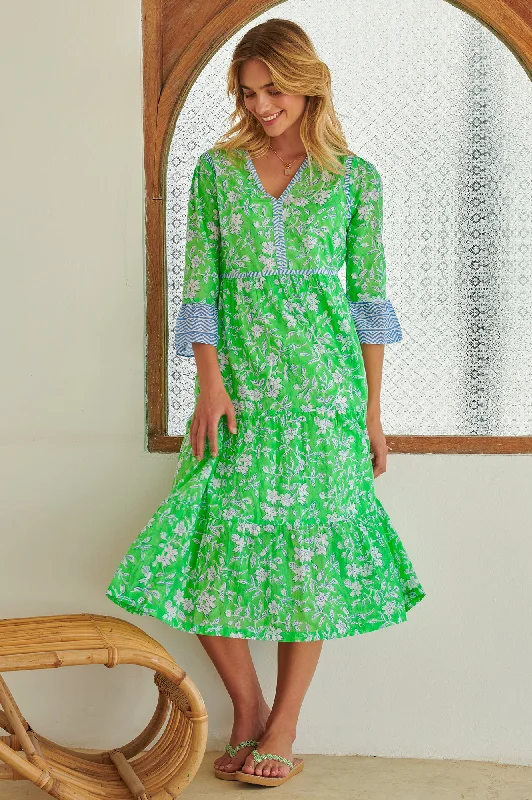 Hayden Block Print Dress | Japanese Flower Apple Green Tunics Vintage classic