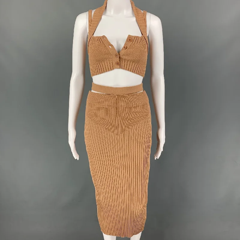 ANDREADA'MO Size S Tan Viscose Blend Ribbed Skirt Set belted skirt waist