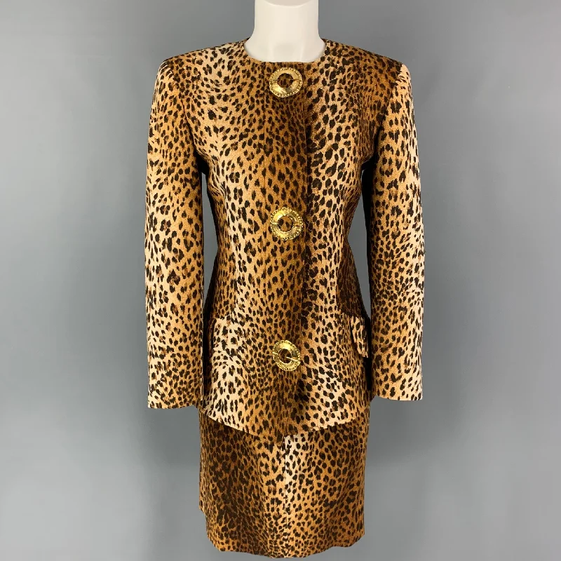 Vintage VALENTINO Size 8 Beige Brown Wool Animal Print Pencil Below Knee Skirt Set high slit skirt