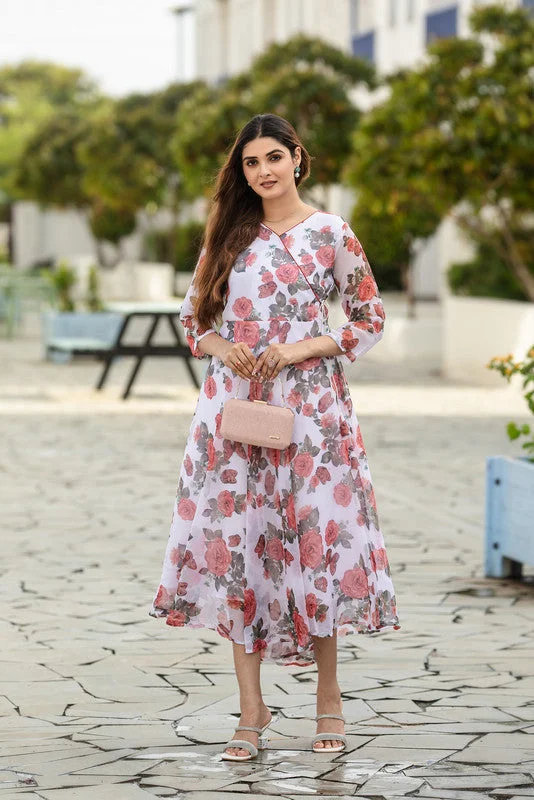 Malishka Women's Floral Printed V-Neck Georgette Maxi Ethnic Dress - White Tunics Velvet soft