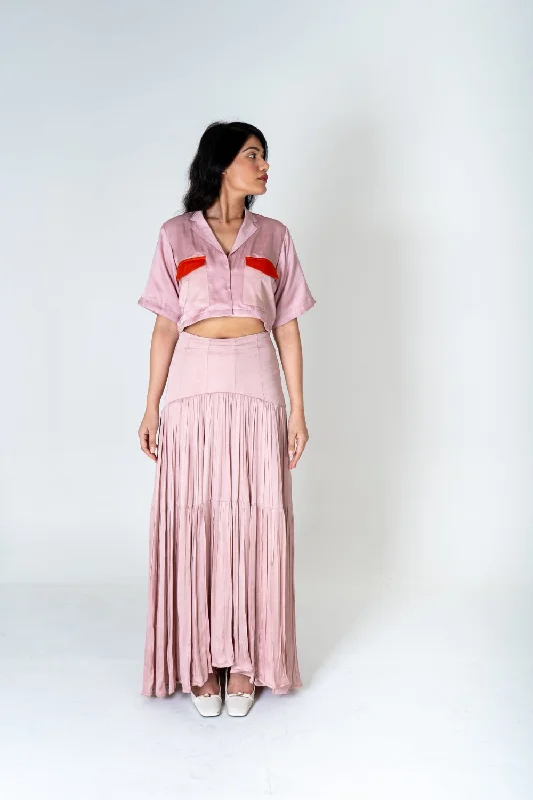 Pink-Orange Color-Blocked Maxi Skirt Set pleated skirt texture