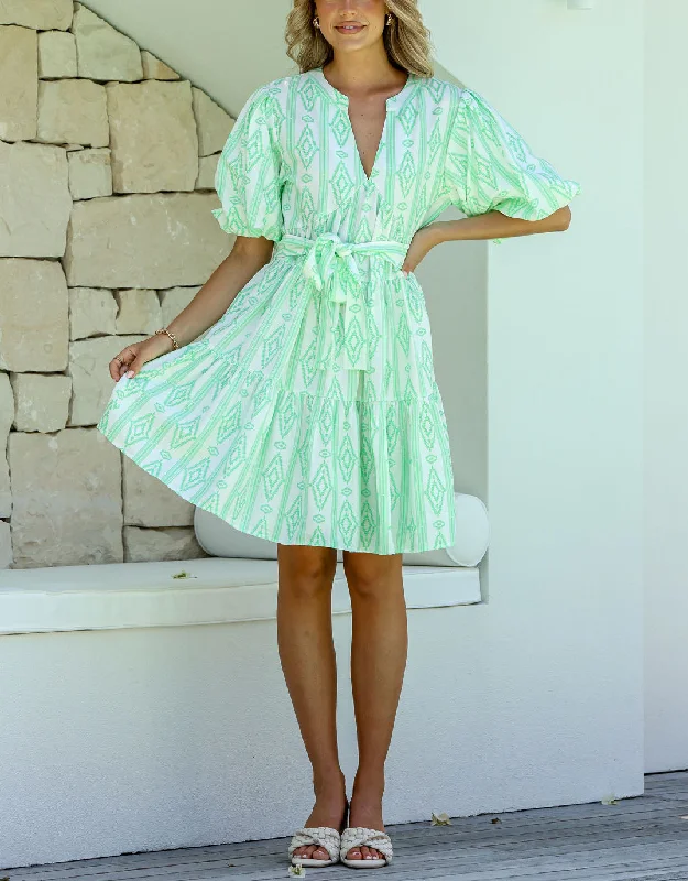 Tie Scandinavian Dress - Green/White Casual Short Summer