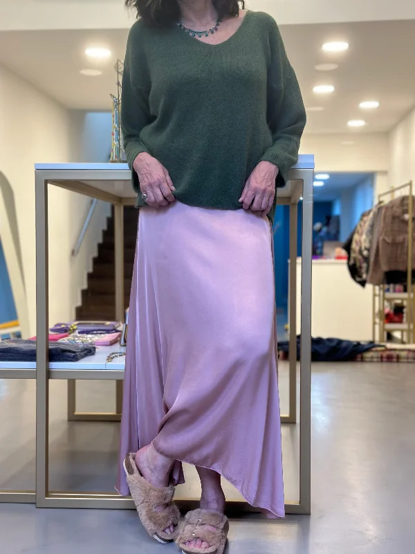 Light Pink wavy satin midi Skirt high slit skirt