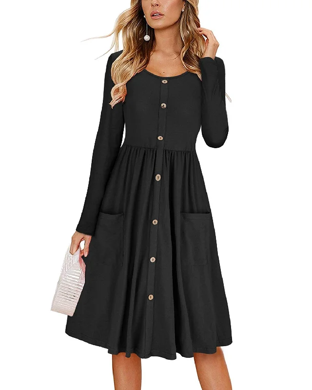 Haute Edition Women's Long Sleeve Button Down Dress with Pockets Crew Neckline Casual