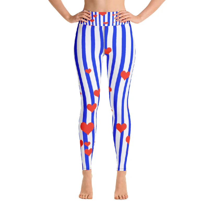 Blue Striped Women's Leggings, Red Hearts Long Yoga & Barre Pants-Made in USA/EU Fashionable Embroidered Detail Leggings Blue Striped Women's Leggings, Red Hearts Long Yoga & Barre Pants-Made in USA/EU Fashionable Embroidered Detail Leggings