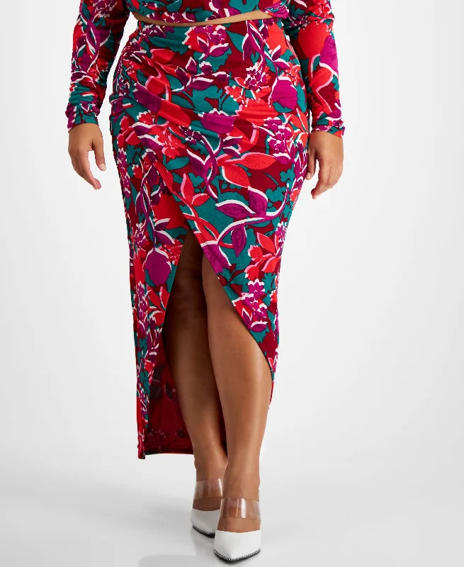 Bar III Plus Size Printed Slit Front Pull On Midi Skirt velvet skirt luxurious