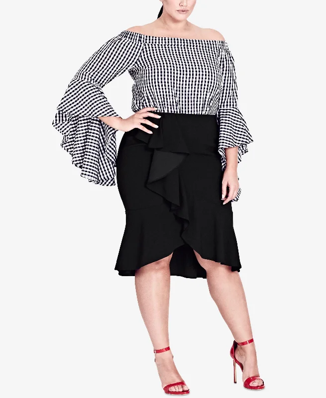 City Chic Trendy Plus Size Asymmetrical Ruffled Skirt satin skirt smooth