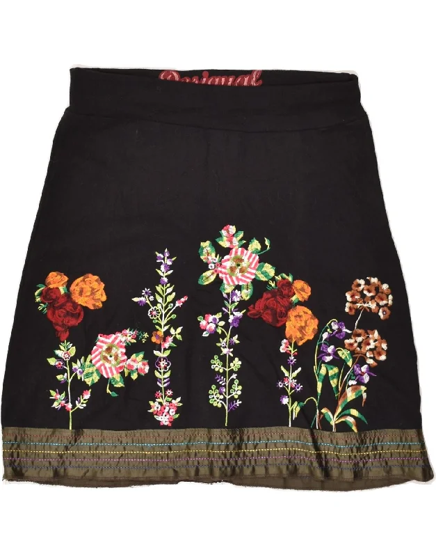 DESIGUAL Womens Graphic A-Line Skirt Small W34  Black Floral silk skirt sleek