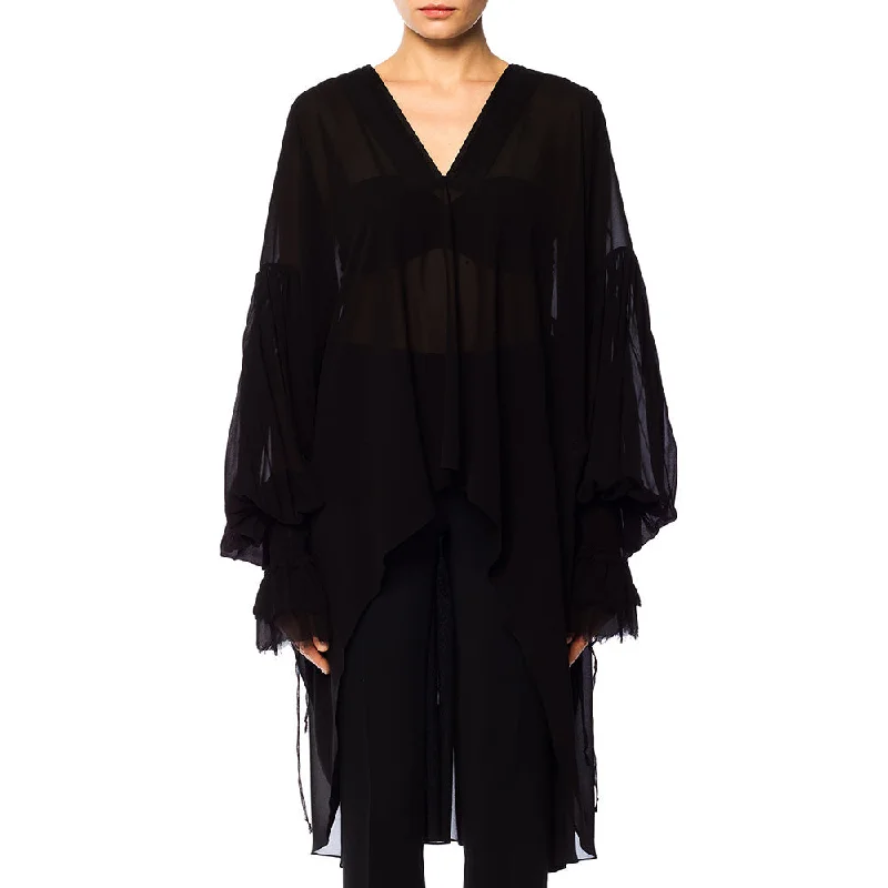 Saint Laurent Women's Silk Ruffled V-Neck Dress Top Black Tunics Solid Classic