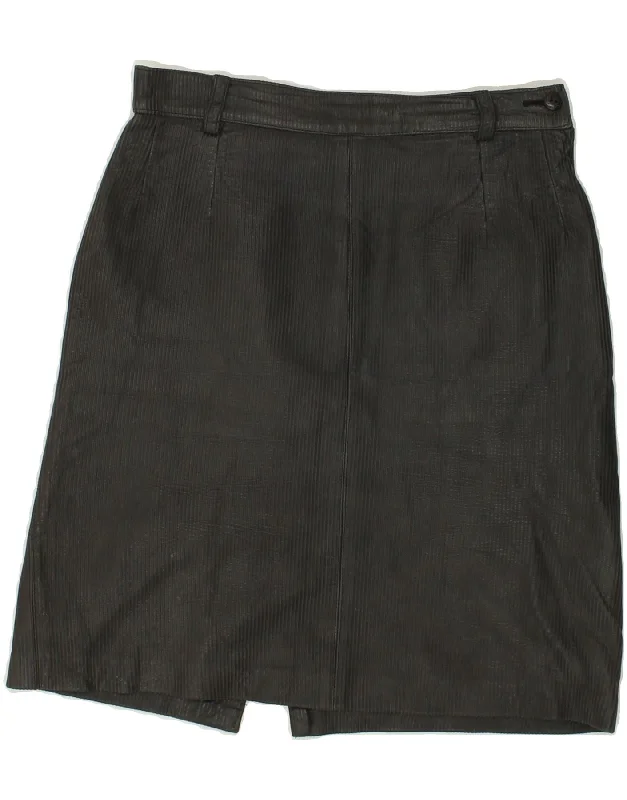 VINTAGE Womens Leather Skirt IT 42 Medium W26  Grey Pinstripe Leather velvet skirt glossy
