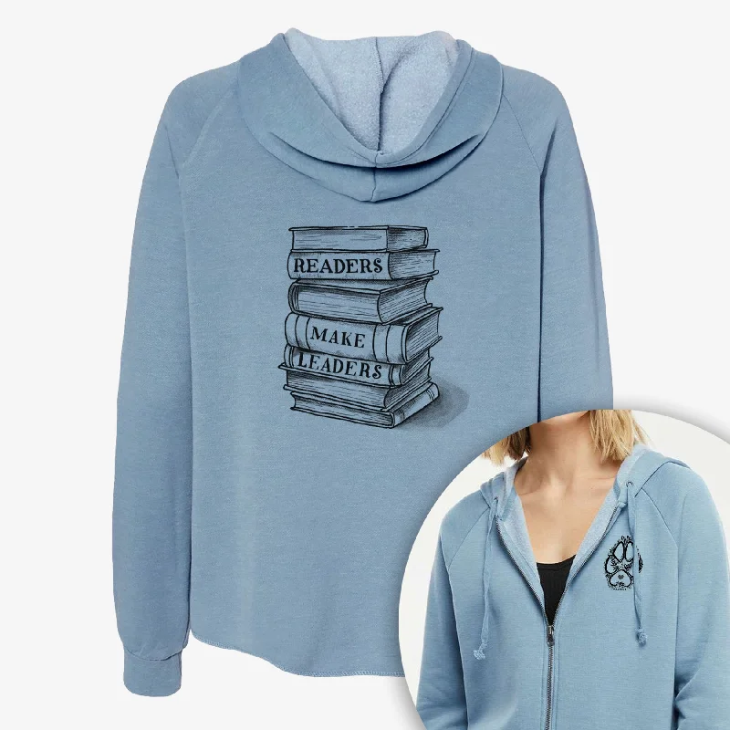 Readers Make Leaders Book Stack - Women's Cali Wave Zip-Up Sweatshirt Hoodie with Rolled Sleeves Casual Relaxed Readers Make Leaders Book Stack - Women's Cali Wave Zip-Up Sweatshirt Hoodie with Rolled Sleeves Casual Relaxed
