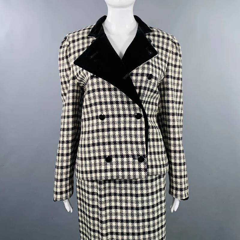 LOUIS FERAUD Size 8 Black Cream Wool Houndstooth Double Breasted Skirt Set satin skirt smooth LOUIS FERAUD Size 8 Black Cream Wool Houndstooth Double Breasted Skirt Set satin skirt smooth