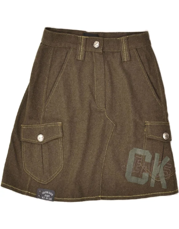 CALVIN KLEIN Womens Graphic A-Line Skirt W28 Medium Khaki Wool maxi skirt elegant