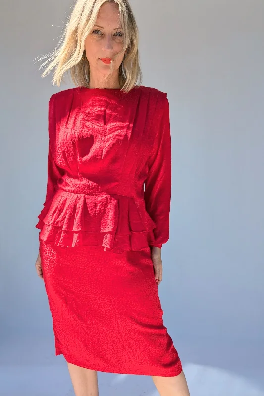 1980's Red Jacquard Double Peplum Dress Tunics Sale discount