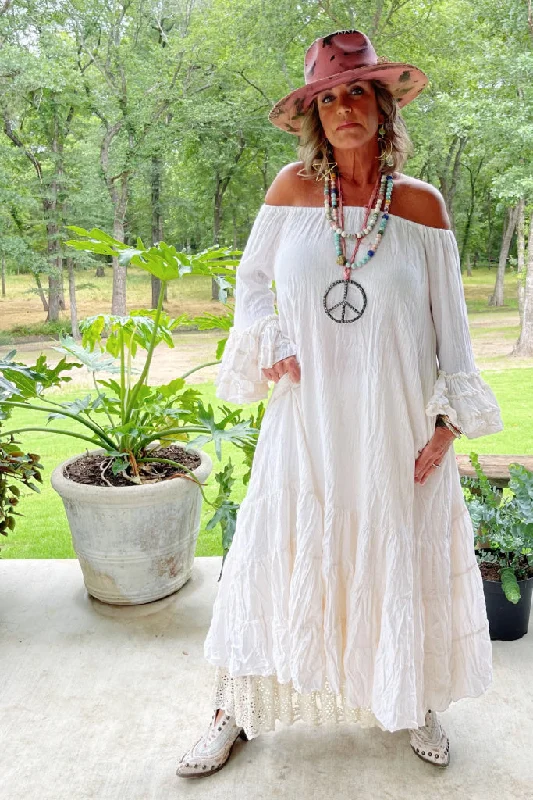 WC Off Shoulder Ruffles Eyelet Dress Tunics Long Elegant