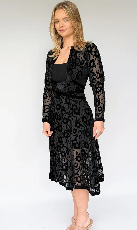 1970s Ossie Clark Black Cut Velvet Dress Cowl Neckline Elegant