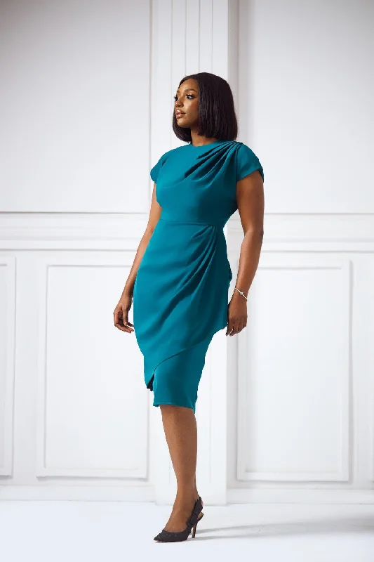 Erilyn Grace dress with a draped shoulder and waistline detail Tunics Bridal satin
