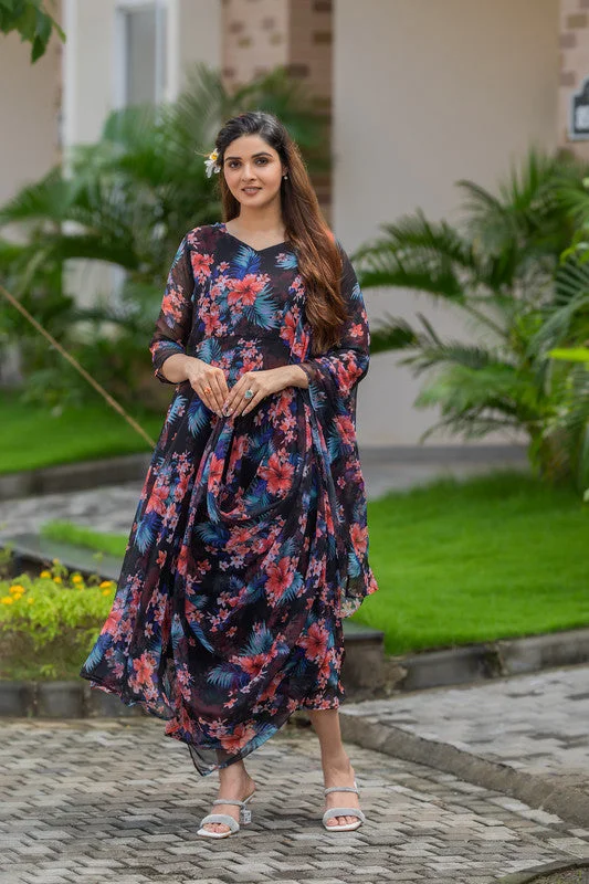 Malishka Womens Printed Black Georgette Ethnic Dress Elegant Long Evening