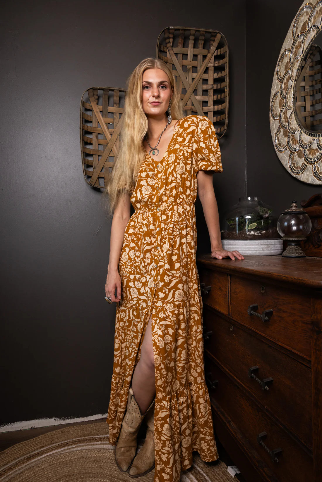 Floral Dress Buttons V Neck A-Line Day Work
