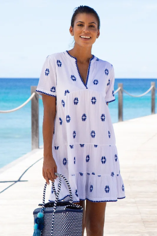 India Embroidered Organic Cotton Dress | Ikat White/Blue Crew Neckline Sporty