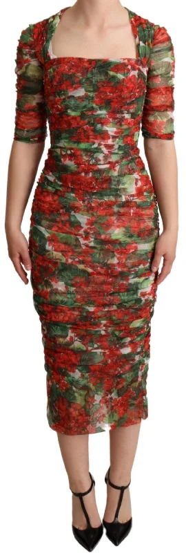 Dolce & Gabbana Elegant Red Floral Midi Sheath Women's Dress Tunics Gym athletic