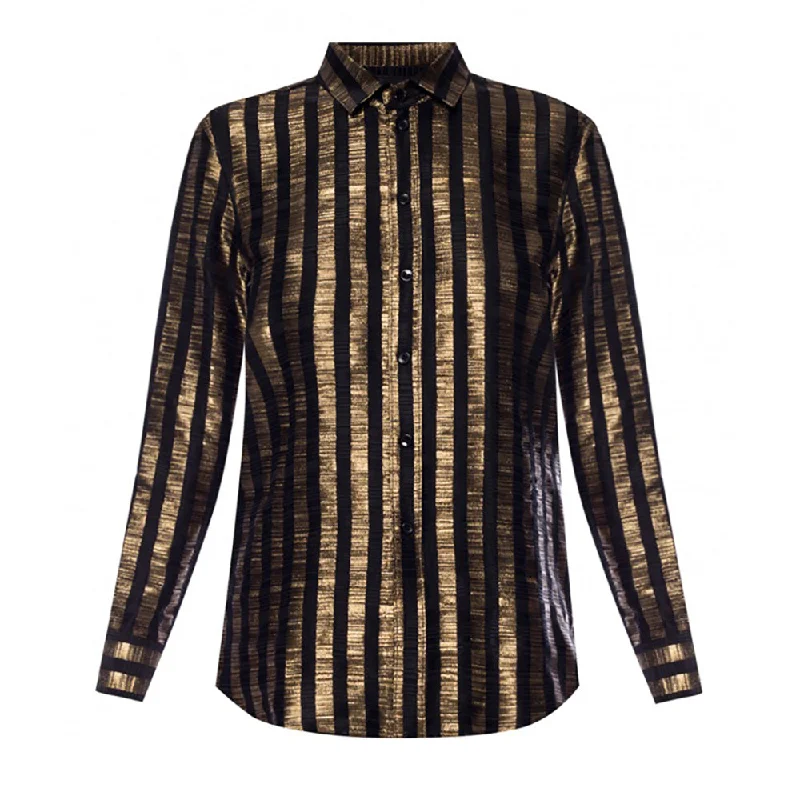 Saint Laurent Women's Silk Striped Dress Shirt Black Gold Off-the-shoulder Chic Trendy