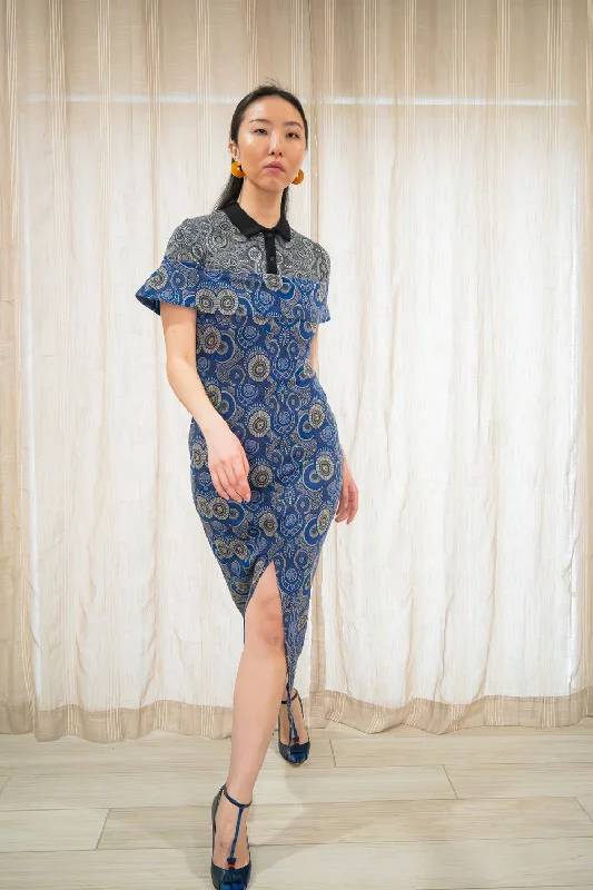 Kahindo Blue Luanda Dress with jacquard fabric Crew Neckline Sporty
