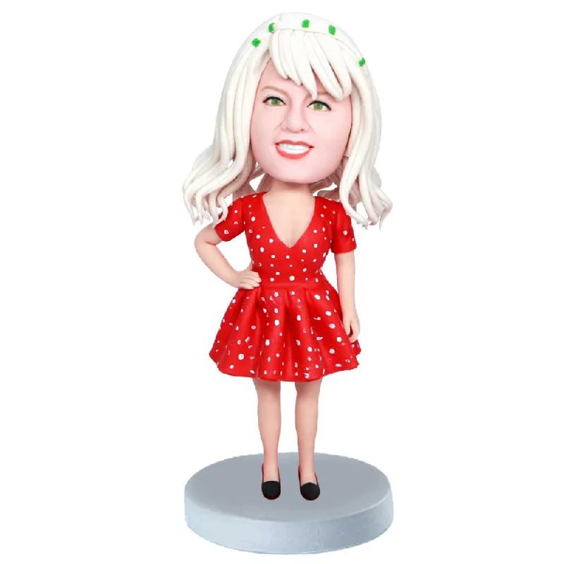 Custom Pretty Female Bobbleheads In Red Polka Dot Skirt velvet skirt sumptuous