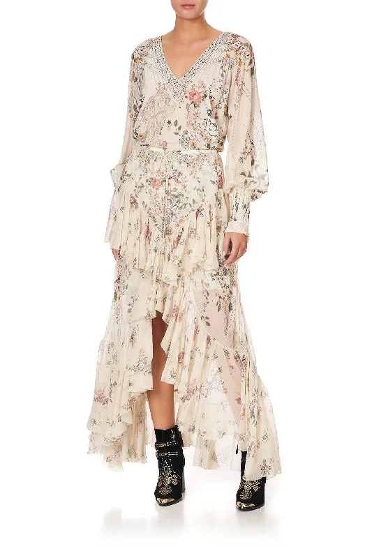 MAXI SKIRT WITH DOUBLE FRILL PHOENIX FLOWER cashmere skirt soft