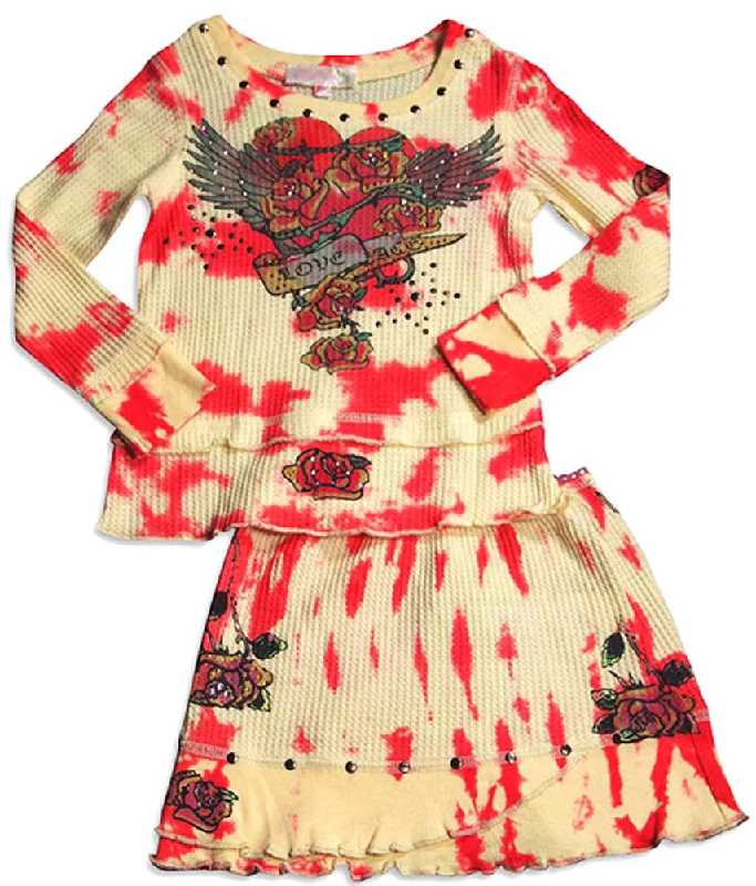 Baby Sara Toddler & Girls Tie Dye Waffle Weave Thermal Long Sleeve Skirt Set lightweight skirt design