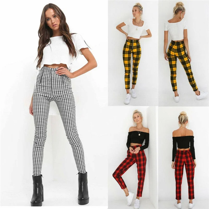 Women Leggings New Skinny High Waist Sexy Jeans Trousers Denim Slim Stretchy Pencil Pants Zip-up Plaid Bodycon Pants Leggings Trendy High-Waist Tummy Control Leggings