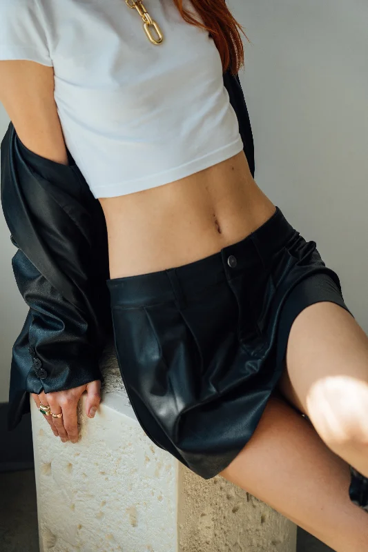 PLEATED VEGAN LEATHER MINI SKIRT - BLACK high waist skirt