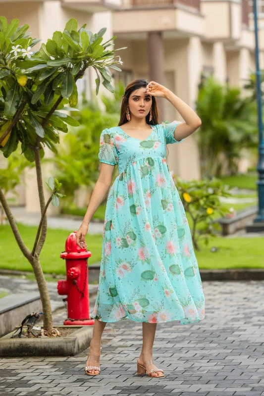 Malishka Womens Printed Turquoise Georgette Ethnic Dress Casual Short Summer
