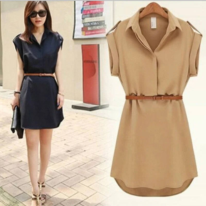 Womens dress summer Short A-Line solid Plus Size chiffon casual dresses with belt for Party Beach Office summer style Tunics Handmade artisanal Womens dress summer Short A-Line solid Plus Size chiffon casual dresses with belt for Party Beach Office summer style Tunics Handmade artisanal