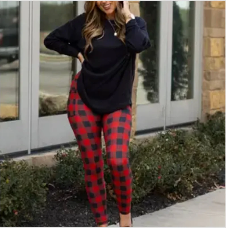 Red Plaid Leggings Comfortable Cold Weather Leggings