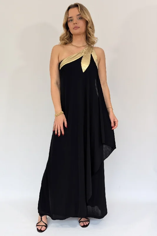 1970s Black and Gold Lame Asymmetric Dress Tunics Evening elegant