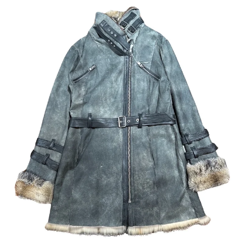 Kashani Women's Distressed Leather Fox Fur Trench Coat Crew Neck V-Neck Boat Neck